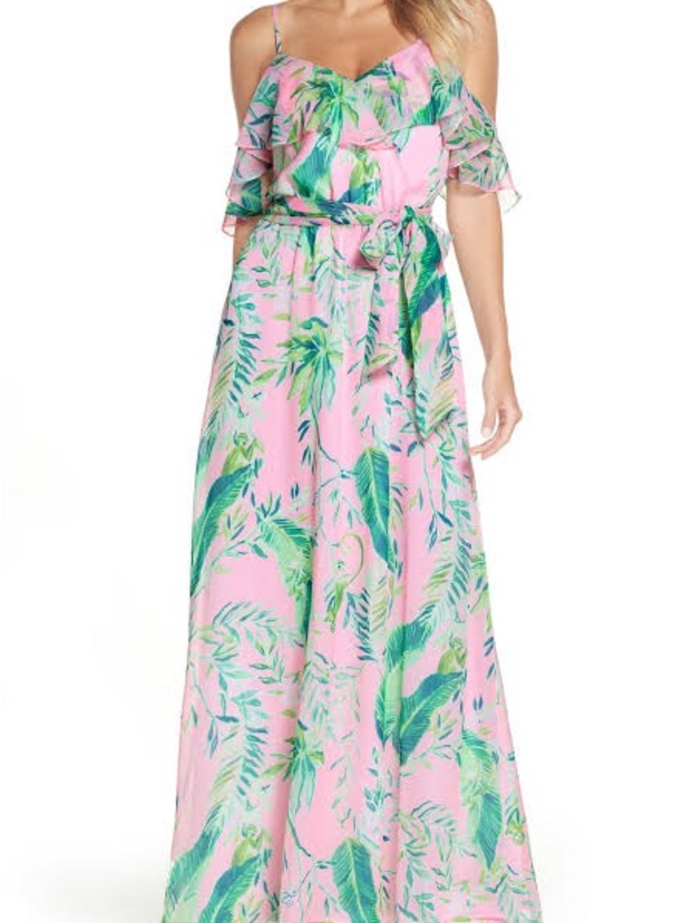 Lilly Pulitzer Zadie - Pink Maxi Dress with Green Tropical Leaf Print